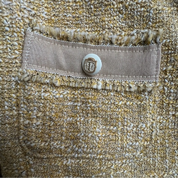 Talbots Grace Fit Collarless Gold Tweed Metallic Blazer Jacket Jackie O Fringe - Picture 6 of 15